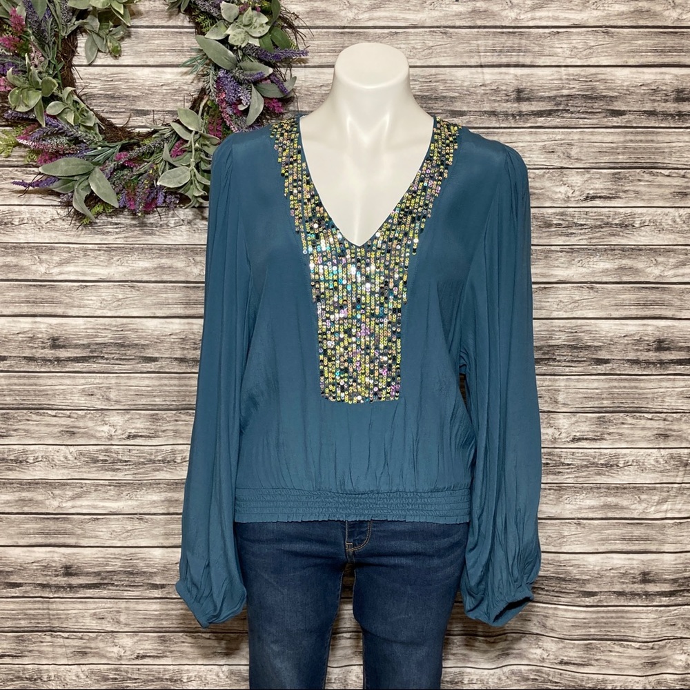 Maeve by Anthro Kristie Sequined Peasant Blouse